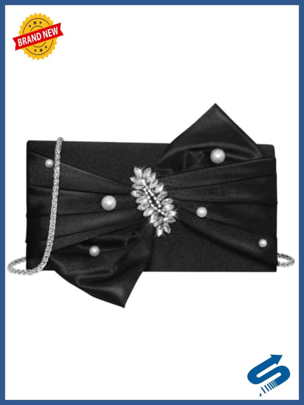 Satin Envelope Clutch with Pearl Bow & Crystal Evening Bag
